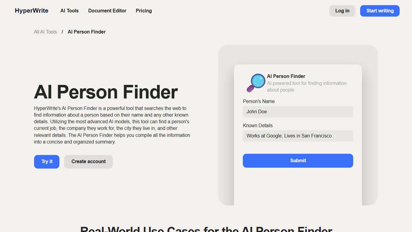 AI Person Finder | AI-powered tool for finding information about people | HyperWrite AI Writing Assistant